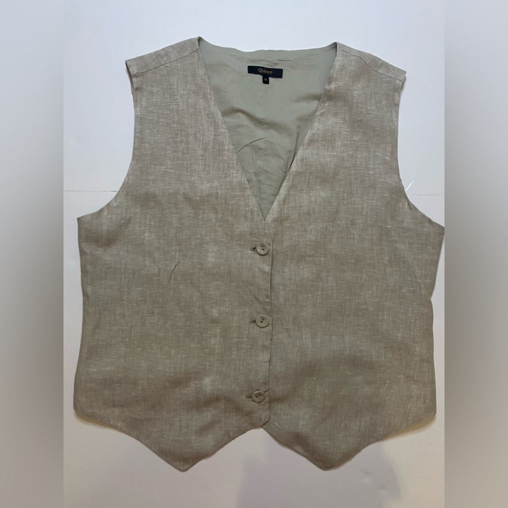 Quince Linen Blend Sleeveless Button Front Vest in Light Taupe